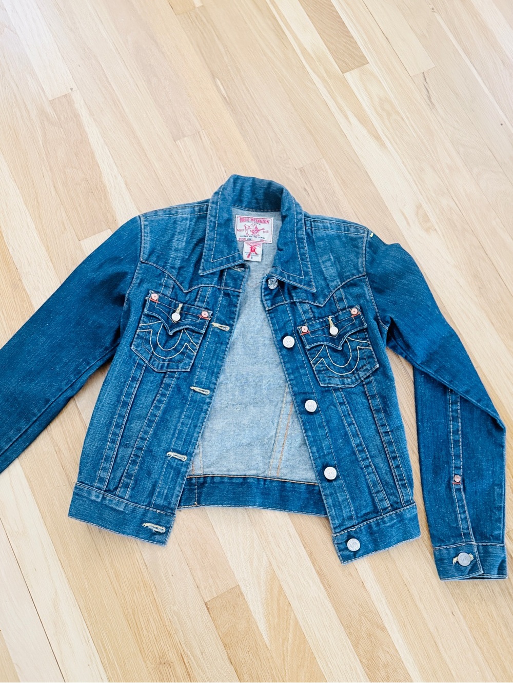 True Religion Men's Denim Jeans jacket  with Red Logo Patch
